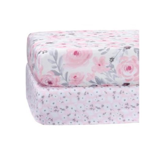 Floral Pink/Gray 2-Pack Fitted Crib/Toddler Sheet Set- Flower