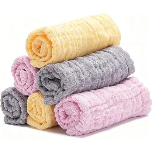 Organic Muslin Baby Washcloths 6 Pack Baby Bath Face Towel 12x12 Inch Extra Absorbent and Soft Burp Cloth and Wash Cloths for Newborn-Infants On Sensitive Skin (Yellow Pink Grey)