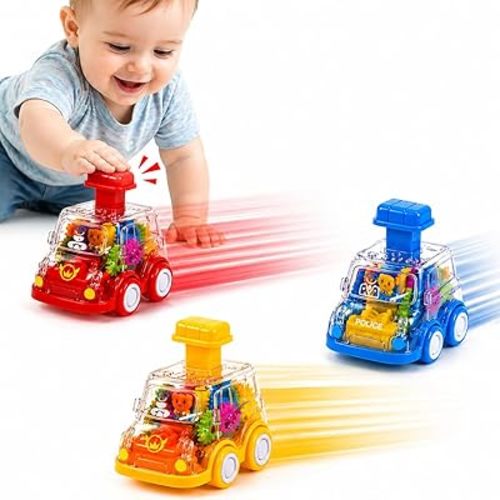 Push and Go Cars for Toddlers 1-3, Transparent Gear Toy Cars 3 Pack, Friction Powered Montessori Learning Toys, Sensory Gifts for 1 2 3 Year Old Boys Girls