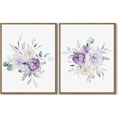 Set of 2 Watercolor Floral Wall Art Purple Blossom Peony Canvas Art Prints Nature Flower Botanical Wall Decor Framed and Ready to Hang for Living Room Bedroom Bathroom Home Wall Decoration, 11x14 Inch