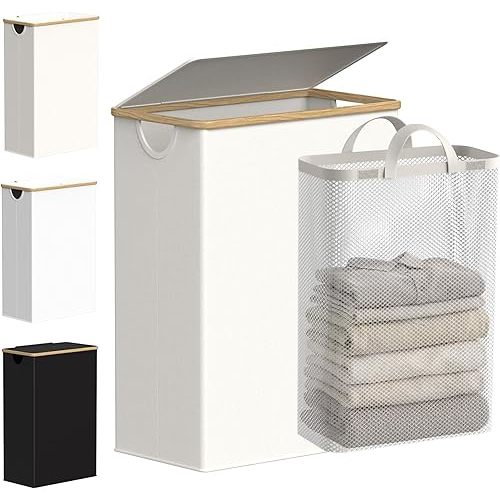Slim Laundry Basket with Lid, Narrow Laundry Hamper with Removable Bag, 65L Beige