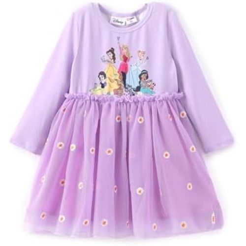 Disney Frozen Elsa Princess Cinderella Ariel Jasmine Rapunzel Baby/Toddler Dress, Ruffle Long-Sleeve Mesh Overlay Tulle Dress