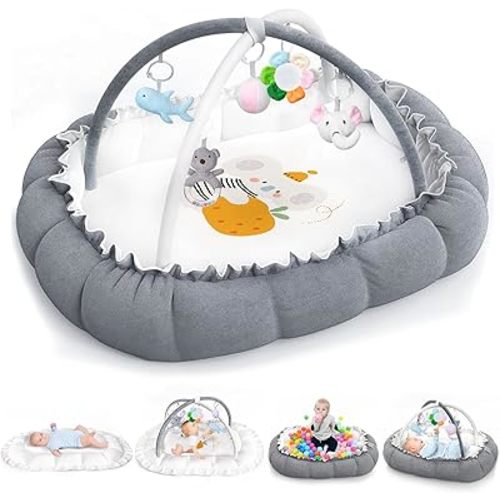 5-in-1 Convertible Baby Play Mat and Tummy Time Mat - Thick & Plush Baby Play Gym with 5 Sensory Toys,Baby Activity Center from Newborn to Toddler, Ball Pit (No Balls Included)，Pet Bed