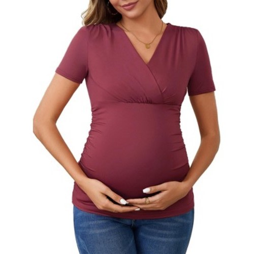 INSPIRE CHIC Women's Summer Nursing Blouse V Neck Short Sleeve Maternity Ruched Tops X-Large Red