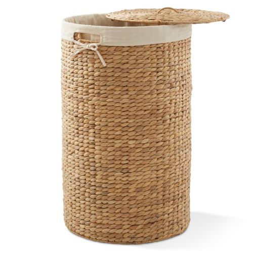 Casafield Round Laundry Hamper with Lid and Removable Liner Bag, Woven Water Hyacinth Laundry Basket for Clothes