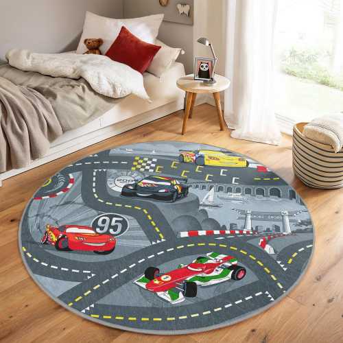 Race Cars Adventure Kids Room Round Rug - Cartoon Roads Circle Carpet - Gray Track Raceway Carpet - Auto Playroom Mat-Anti-slip Round Carpet