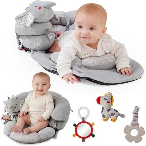 Knotly Charm 2-in-1 Tummy Time Mat & Baby Lounger Pillow - Seat Support for Baby Play Mat for Babies 0-6 Months, Infant Lounger Activity Center with Newborn Toys, Floor Pillows Sit Me Up (Elephant)