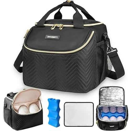 Wearable Breast Pump Bag,Breastmilk Cooler Travel Bag Compatible with Momcozy/Willow/Medela/Elvie Breast Pump with Ice Pack and Water Resistent Mat for 6 Baby Bottles Up to 9 Ounce,Black