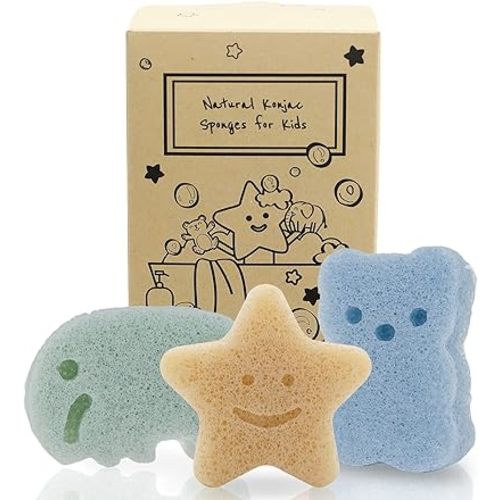 myHomeBody Konjac Baby Sponge for Bathing, Cute Shapes Natural Kids Bath Sponges for Infants, Toddler Bath Time, Natural and Safe Plant-Based Konjac Baby Bath Toys, 3pc. Set: Elephant, Bear & Star