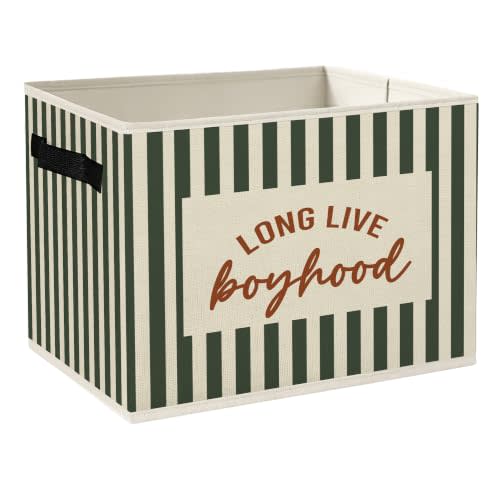 Vintage Boy Nursery Storage Bins Box with Handles, Long Live Boyhood Green Striped Foldable Collapsible Basket Organizer for Books Clothes Kids Boys Room Bedroom Playroom Bathroom
