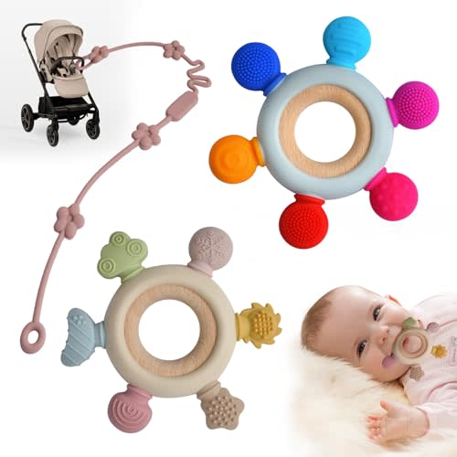 3 Packs Teether Rings for 0-6 6-12 Months Babies, Teething Toys with Pacifier Clip Holder, Baby Chew Toys for Sucking Needs, Baby Essentials