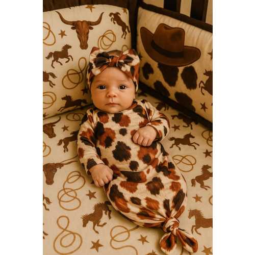 Cow Print Baby Knotted Gown with Hat or Bow: Soft Newborn Outfit