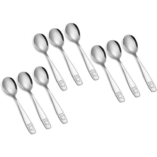 Pimoys 9 Pieces Toddler Spoons Kids Spoons, Kids Silverware Stainless Steel Toddler Utensils Metal Kids Cutlery Set Baby and Children Safe Flatware, Perfect for Small Hands