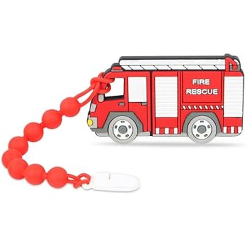 Fire Rescue Truck Teether, Baby Construction Vehicles Teething Toys, Food Grade Silicone Teether with One-Piece Pacifier Clip Holder, BPA Free, Freezer Safe, 3 Months+, Fire Rescue Truck color