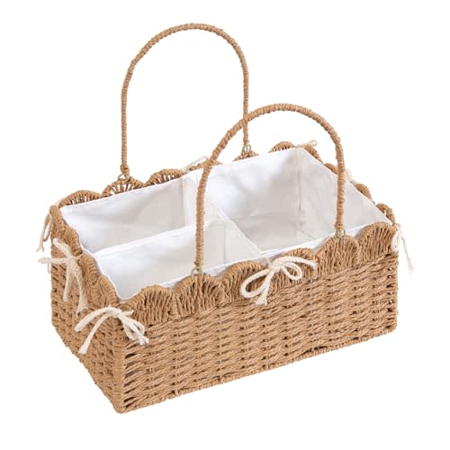 Large Baby Diaper Caddy, Brown Paper Rope Storage Basket with Handles, Portable Nursery Organizer with Removable Divider for Diapers, Wipes, Baby Essentials (Brown)