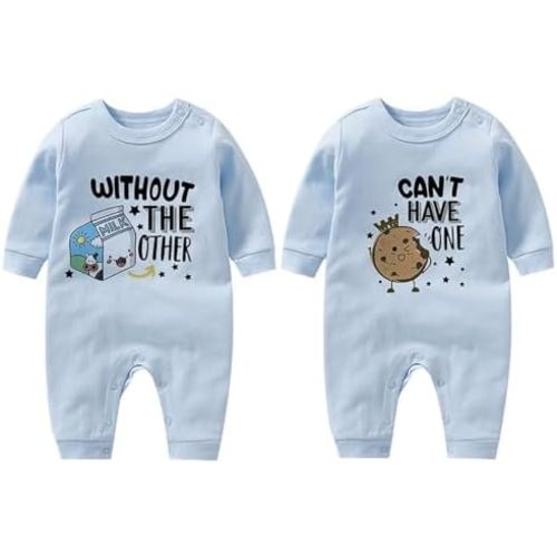 Baby Twins Bodysuits Milk Cookies Matching Rompers Cotton Long Sleeve Newborn Jumpsuit Funny Twin Outfit 0-12M