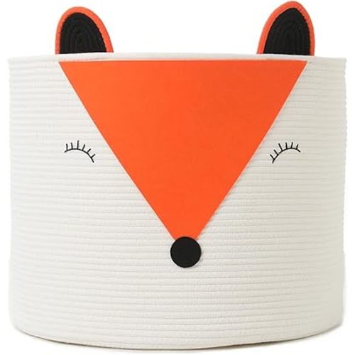 18x15 Inch Cottonphant Fox Basket, Open Cotton Rope Animal Storage Bin for Kids Bedroom Playroom, Cute Woven Laundry Basket, Orange