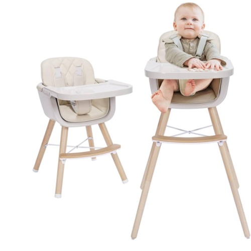 3-in-1 Convertible Wooden High Chair, High Chairs for Babies and Toddlers, Baby High Chair with Adjustable Legs & Dishwasher Safe Tray, Made of Sleek Hardwood & Premium Leatherette, Beige Color