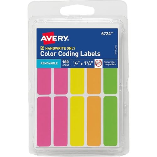 Avery Color-Coding Removable Labels, 1/2" x 1-3/4", Assorted Neon Colors, Non-Printable, 180 Blank Labels Total (6724)