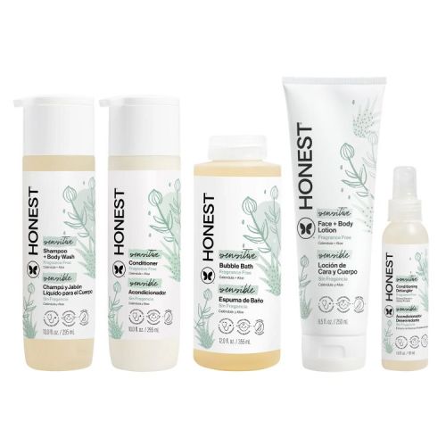 The Honest Company Sensitive Conditioner10 fl oz + Face & Body Lotion8.5 fl oz + Bubble Bath12 fl oz + Detangler4 fl oz + Shampoo + Body Wash 10 fl oz