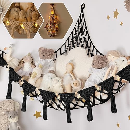 Macrame DreamLights Boho Stuffed Animal Storage Net Hammock Extra Large Plush Toy Storage Holder For Small Or Large Plushies BLACK