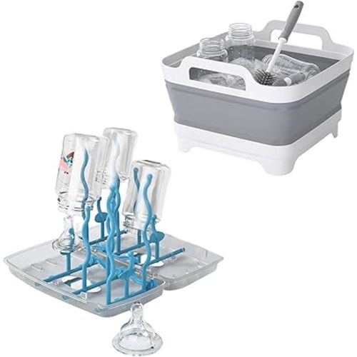 Collapsible Wash Basin with Drying Rack for Baby Bottle，2.4 Gallon Dish Basin with Portable Baby Bottle Drying Rack for Kitchen & Travel & Camping