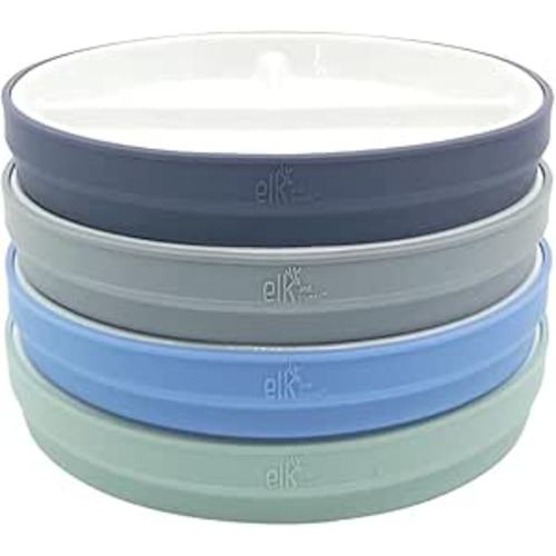 Elk and Friends Kids 7.8” Porcelain White Plates with Silicone Sleeves | Divided Plates | Suitable for Kids/Toddlers | Microwave & Dishwasher Safe | Non Slip | Snack Dishes