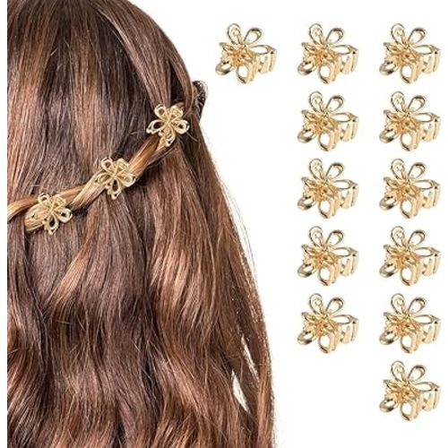 12 Pack Small Gold Flower Hair Clips for Women Girls, Tiny Metal Claw Clips with Sparkling Floral Design, Nonslip Bangs Accessories, Cute Floral Hair Decorations, Mini Christmas Holiday Gift Set