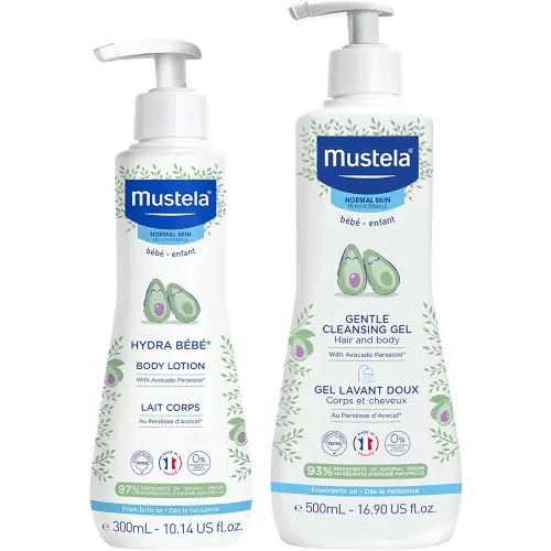 Mustela Baby Bath Time Gift Set - Baby Skin Care Essentials with Natural Avocado - Contains Hydra Bebe Body Lotion 10.14 fl. oz. & Gentle Cleansing Gel 16.9 fl. oz. - 2 Items Set