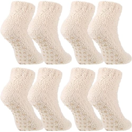 Foaincore 4 Pack Non Slip Hospital Socks for Women Men Non Slip Ankle Fuzzy Socks Thick Warm Festival Gifts