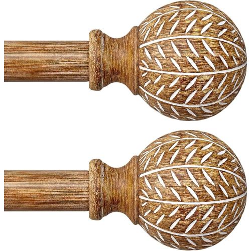 2 Pack Wood Curtain Rods for Windows 48 to 84 Inch,1'' Diameter Drapery Rods with Imitation Wood Grain Leaf Pattern Finials,Boho Adjustable Heavy Duty Curtain Rods Set,36-88'',Color:Natural Wood