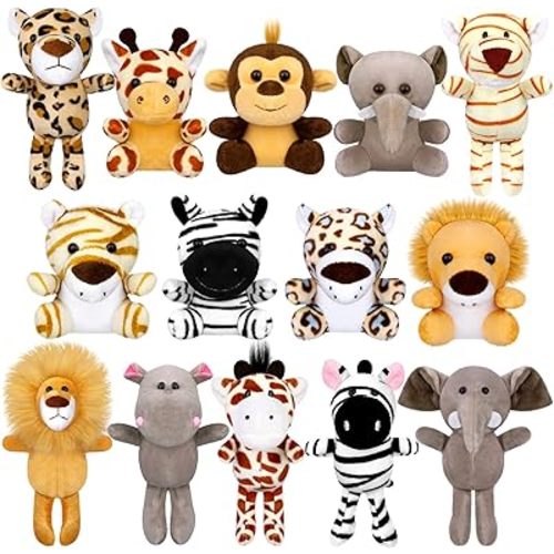 Elcoho 14 Pieces Safari Jungle Animal Plush Toys Small Stuffed Forest Animals Plush Toys 5.9 Inch and 3.75 Inch Keychain Decorations for Animal Themed Parties Goody Bags(Standing,Sitting)