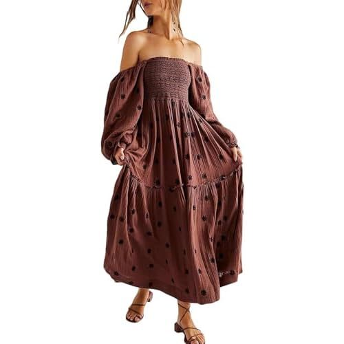 Willow Dance Women Casual Bohemian Floral Dress Square Neck Ruffle Swing A Line Long Sleeve Beach Maxi Dress with Pockets