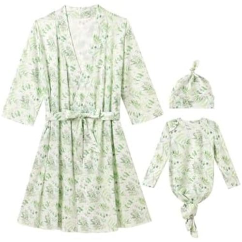 Mommy and Me Robe and Swaddle Set Floral Maternity and Baby Matching Delivery Blanket Headband for Mom Girl Boy 4pcs