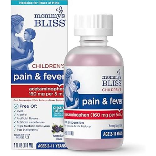 Mommy's Bliss Children's Pain and Fever Reducer, Kids Acetaminophen, Dye Free, Delicious Mixed Berry Flavor, Ages 2+, 4 Fluid Ounces