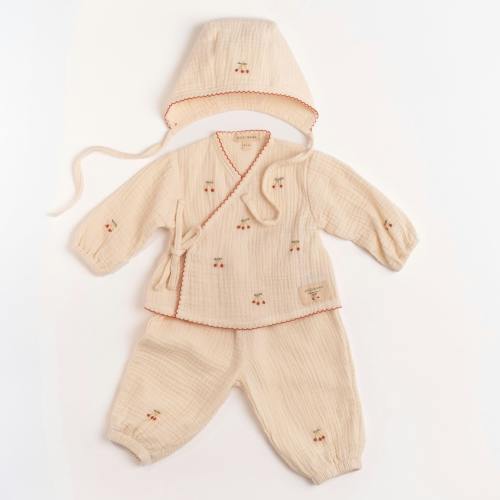 Gauze Bundle Set in Embroidered Cherries - NB