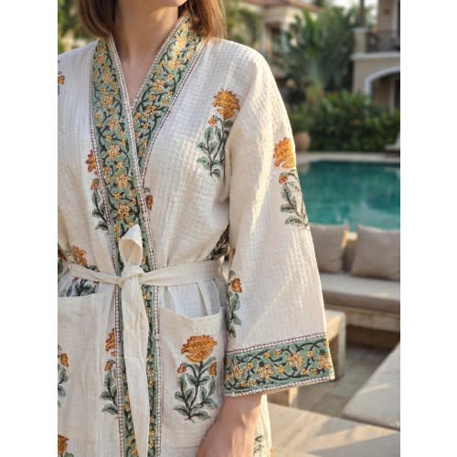 Pure Cotton Waffle Bath Robe, Hand Block Print Floral Kimono Wrap Bathrobe