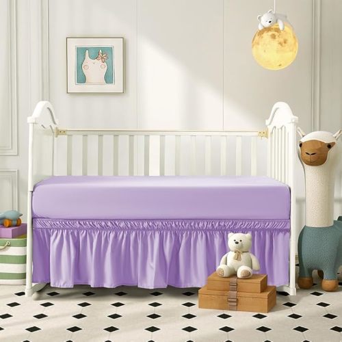 2 Piece Light Purple Crib Bed Skirt Fitted Sheet,Crib Sheet Bed Set for Toddlers Baby,52"x28" with 8" Pocket CribSheet,52"x28" with 14" Drop CribSkirt for Standard Toddler Bedding