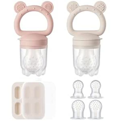 2 Pack Silicone Baby Fruit Feeder with Mini Freezer Tray, Breastmilk Popsicle Molds for Baby Teething Relief, Fresh Food Feeder for Safe Infant Self Feeding, Extra Food Pouches - Pink