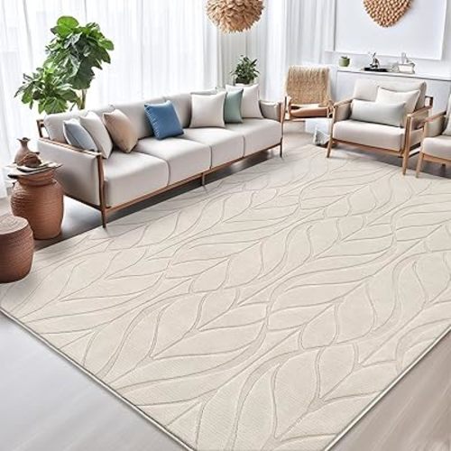 SHACOS Soft Area Rug for Living Room 8x10, Washable Non Slip Bedroom Rug Beige, Fluffy Large Rugs Carpet for Floor Living Room Kids Nursery Room, Home Decor Aesthetic - Leaf Pattern Design