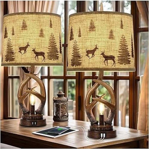 Scenekoy Rustic Farmhouse Antlers Table Lamp Set of 2 with Nightlight Dual USB Ports Linen Fabric Round Shade Bedside Lamp Decor for Living Room Bedroom Office House