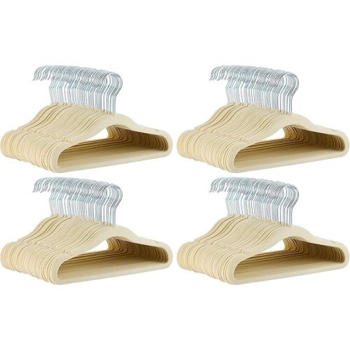 Amazon Basics Kids Space Saving Velvet Non-Slip Clothes Hangers with Shoulder Notches, Sturdy Construction for Closet Organization, 11.6", Beige, 30-Pack