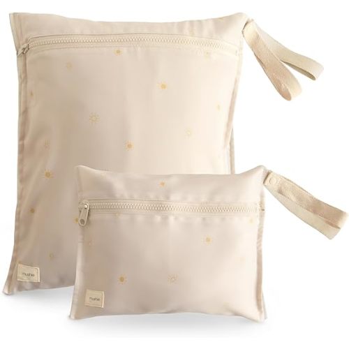 mushie Water Resistant Wet Bags | Large & Small Reusable Storage Bag for Baby Items and Travel | Zippered Pockets with Handle | Machine Washable, Set of 2 (Sun)
