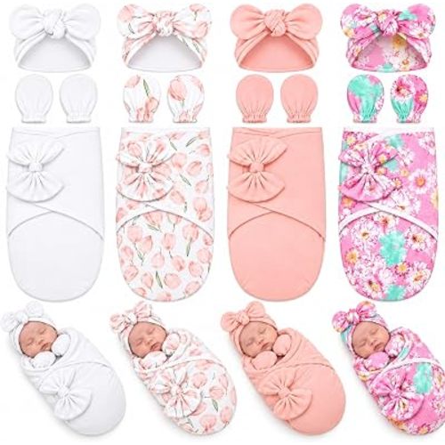 4 Pack Baby Swaddle Blanket with Hats Mittens, 0-3 Months, Floral Style