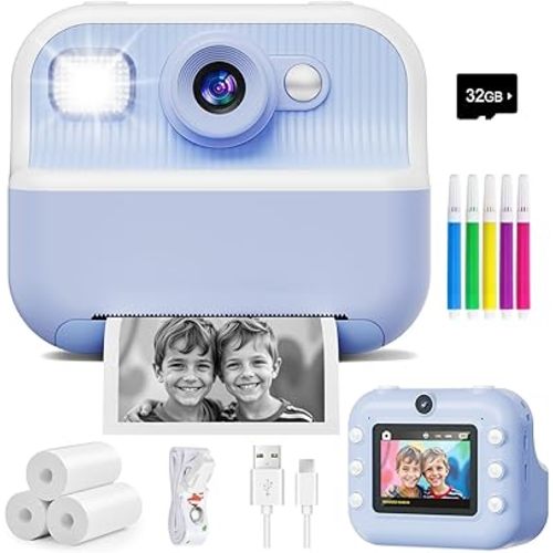 Instant Camera, Front Rear Dual Selfie Kids Camera with 1080P Videos, Holiday Birthday Gifts for Kids Age 3-12, Toddler Portable Travel Print Digital Camera Toy for 4 5 6 7 8 9 Year Boys Girls