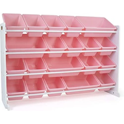 Humble Crew Extra-Large Toy Organizer with 20 Plastic Bins – Pink/White Storage Rack with 4-Tier Shelves, Anti-Tip Safety, for Kids’ Rooms, Playrooms, Nurseries & Classrooms