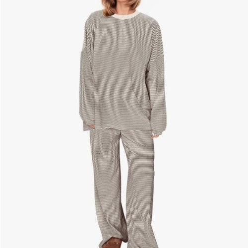 MISSACTIVER Women's 2 Piece Striped Lounge Set Long Sleeve Oversized T-Shirt Wide Leg Pants Matching Pajamas Set