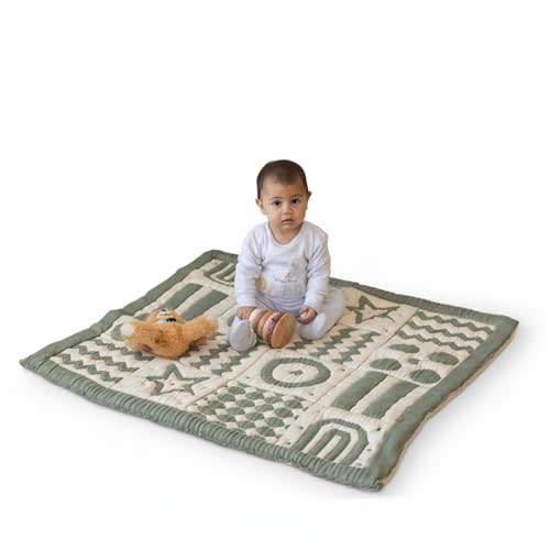 3D Soft Organic Cotton Crawling Blanket – GOTS Certified, 40x40 in Montessori Design for Motor Skill Development, Reversible, No Loose Threads – Washable & Sustainable