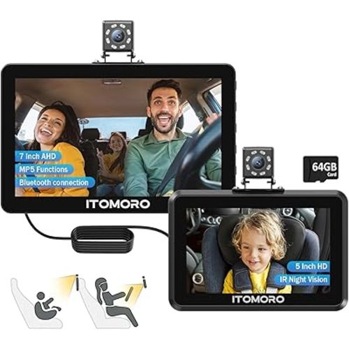 Itomoro Baby Car Camera, 5"+7" 1080P Dual Screen Car Baby Camera with Two-Way Video, Music & Video Play Supported, Night Vision & 150° Wide View Baby Camera for Car Backseat with 64GB Storage-ACZ419