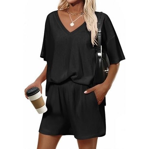 Ekouaer Lounge Set 2025 Summer 2 Piece Set Ribbed Knit Shorts Set Short Sleeve Outfit with Pockets
